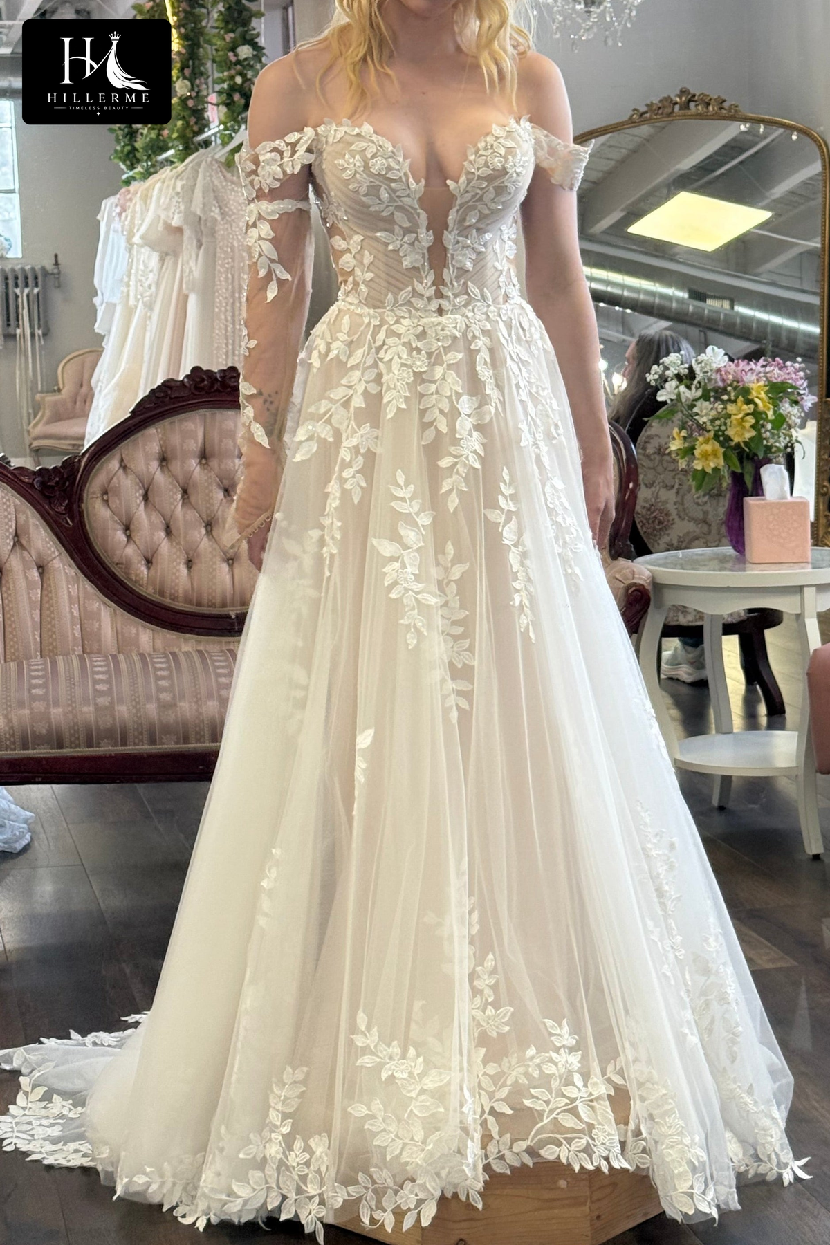 Sweetheart Off-Shoulder Appliqué Tulle A-Line Wedding Dress with Long Sleeves and Open Back