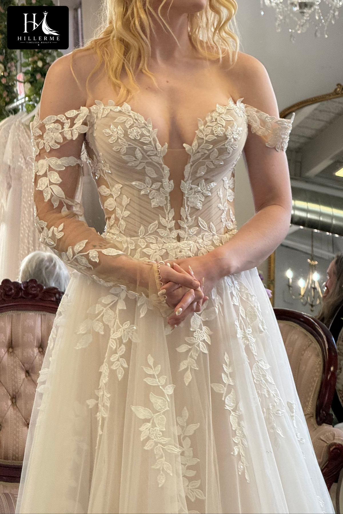 Sweetheart Off-Shoulder Appliqué Tulle A-Line Wedding Dress with Long Sleeves and Open Back