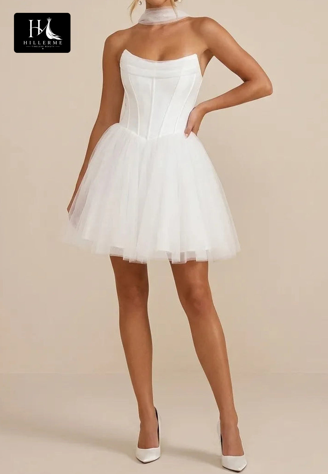 Scoop-Neck Off-Shoulder Sleeveless Tulle Pleated A-Line Short Wedding Dress