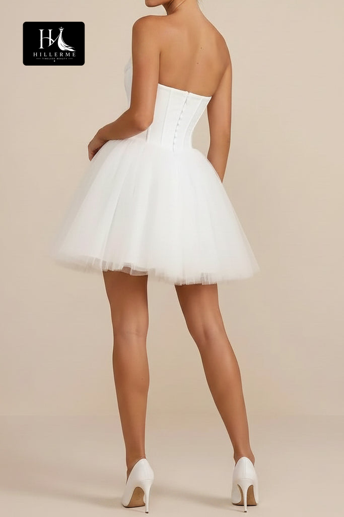 Scoop-Neck Off-Shoulder Sleeveless Tulle Pleated A-Line Short Wedding Dress