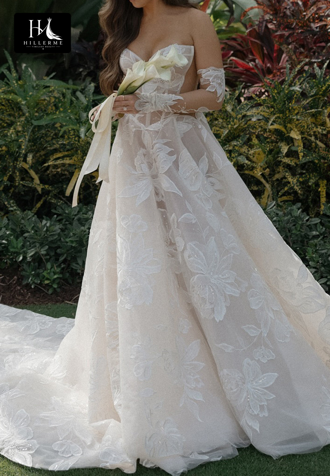 Sweetheart Neckline Off-Shoulder Jacquard Tulle A-Line Bridal Gown with Train