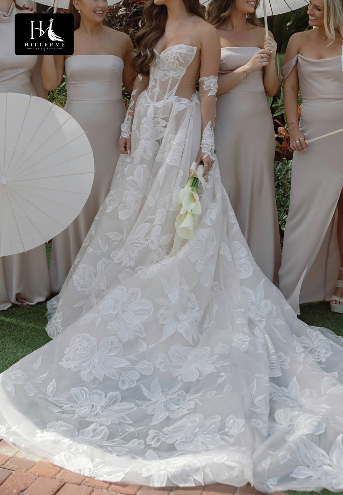 Sweetheart Neckline Off-Shoulder Jacquard Tulle A-Line Bridal Gown with Train