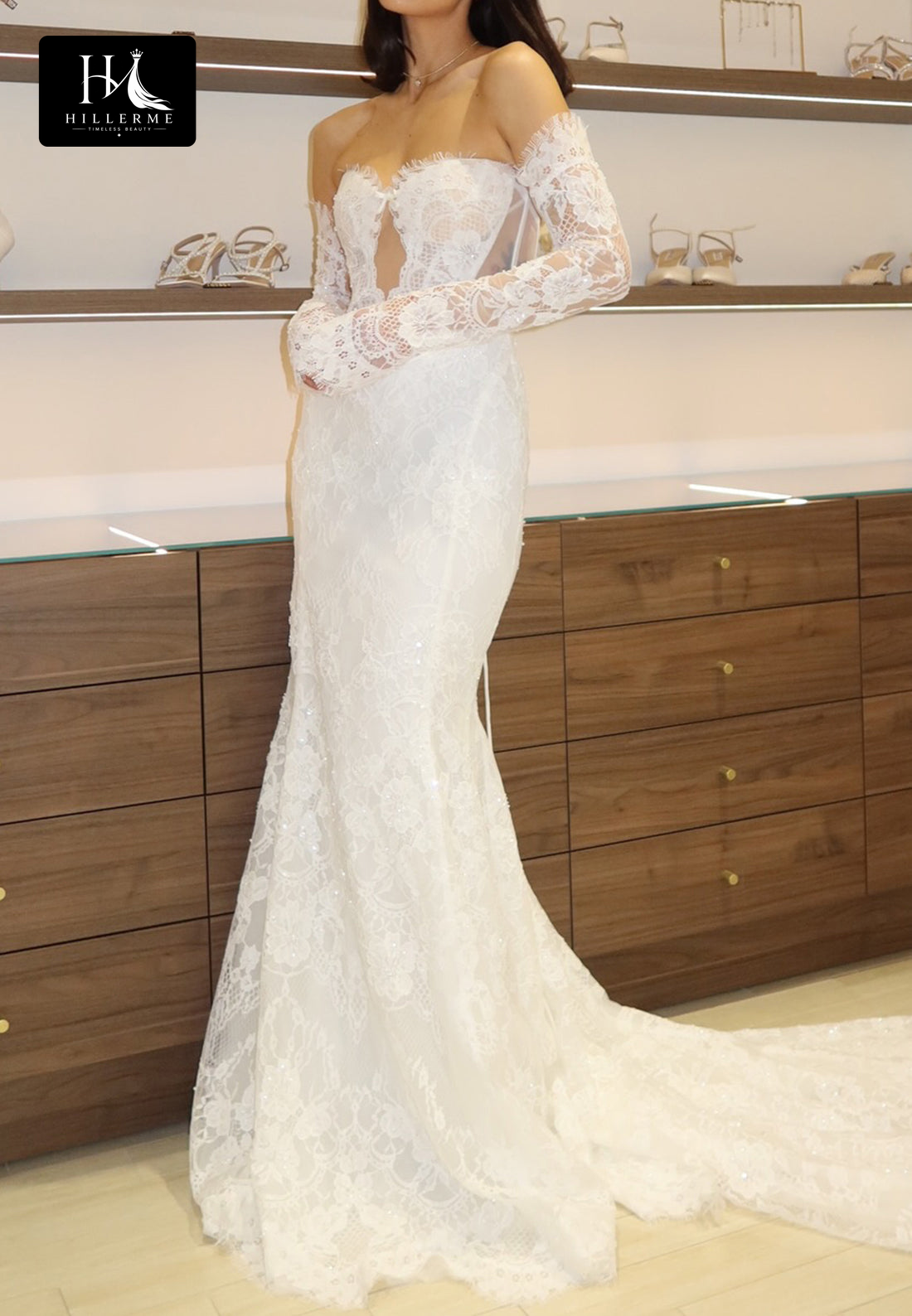 Sweetheart Off-Shoulder Long Sleeves Mermaid Wedding Dress with Allover Lace and Train