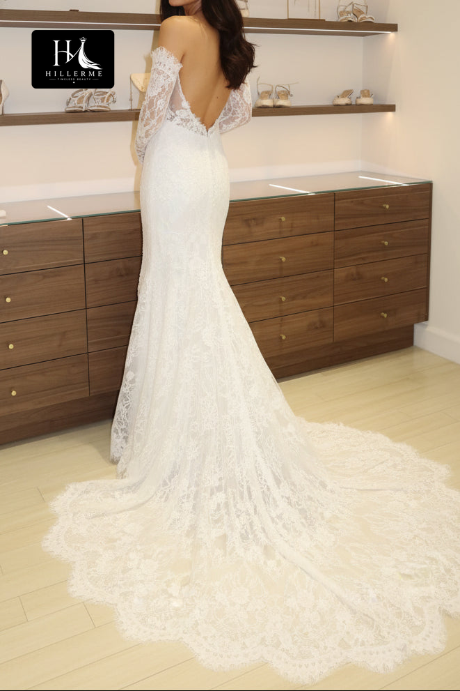 Sweetheart Off-Shoulder Long Sleeves Mermaid Wedding Dress with Allover Lace and Train