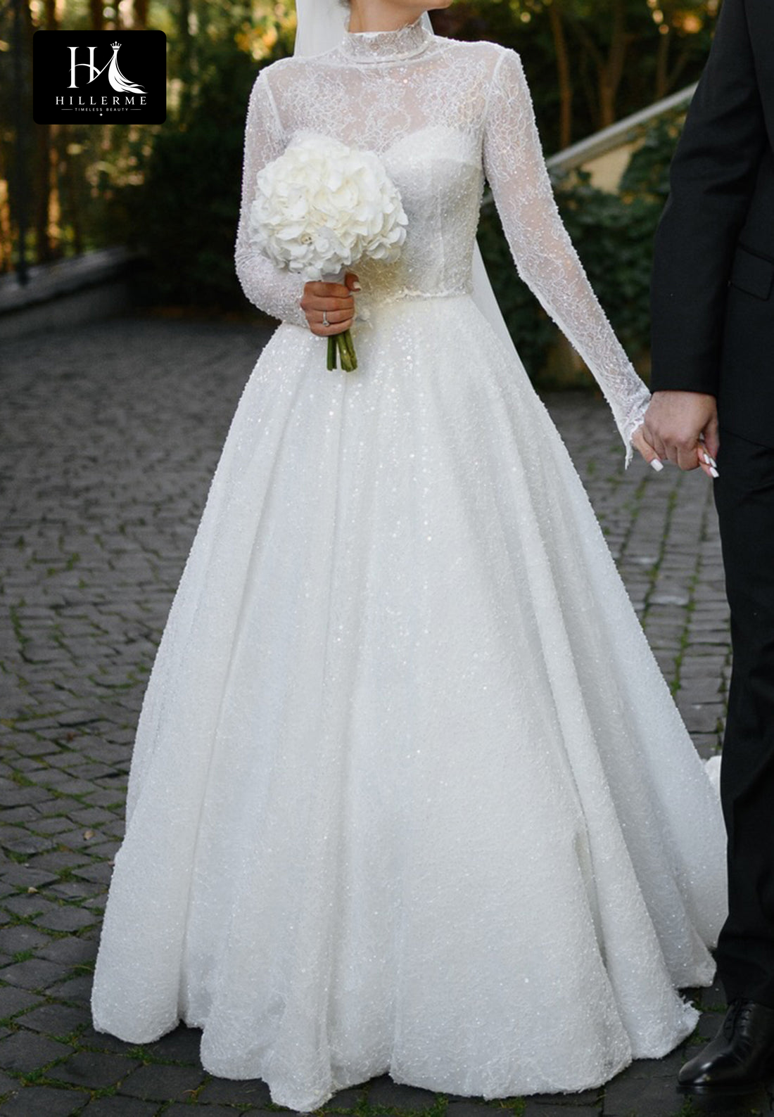 High-Neck Long-Sleeve Sequined Beaded Tulle A-Line Wedding Dress with Train