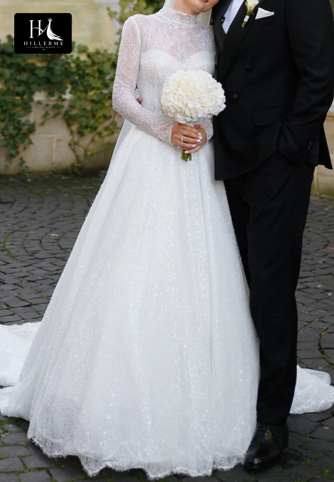 High-Neck Long-Sleeve Sequined Beaded Tulle A-Line Wedding Dress with Train