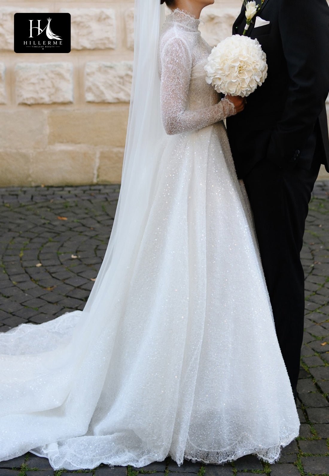 High-Neck Long-Sleeve Sequined Beaded Tulle A-Line Wedding Dress with Train