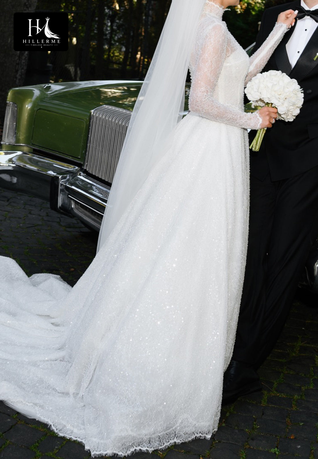 High-Neck Long-Sleeve Sequined Beaded Tulle A-Line Wedding Dress with Train