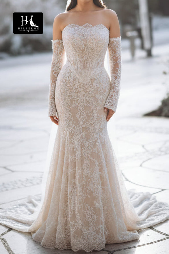 Sequined Beaded Appliqué Tulle Mermaid Wedding Dress with Tube Top and Long Sleeves