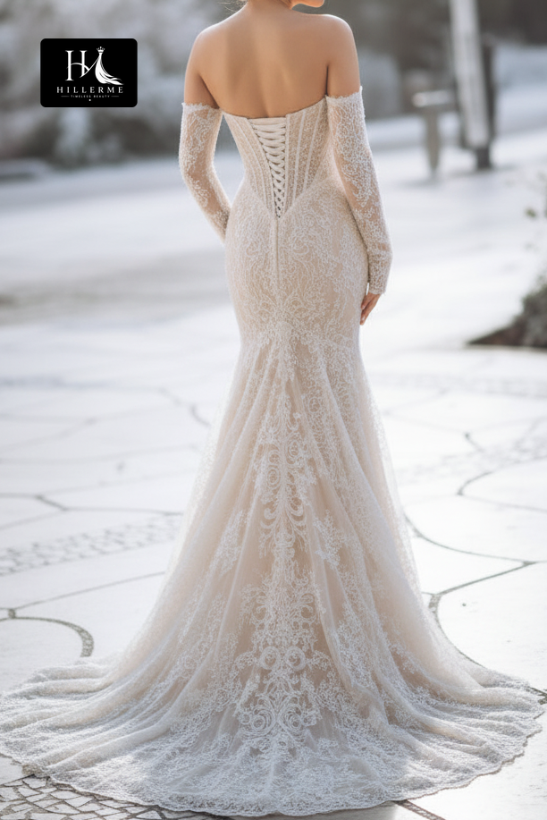 Sequined Beaded Appliqué Tulle Mermaid Wedding Dress with Tube Top and Long Sleeves
