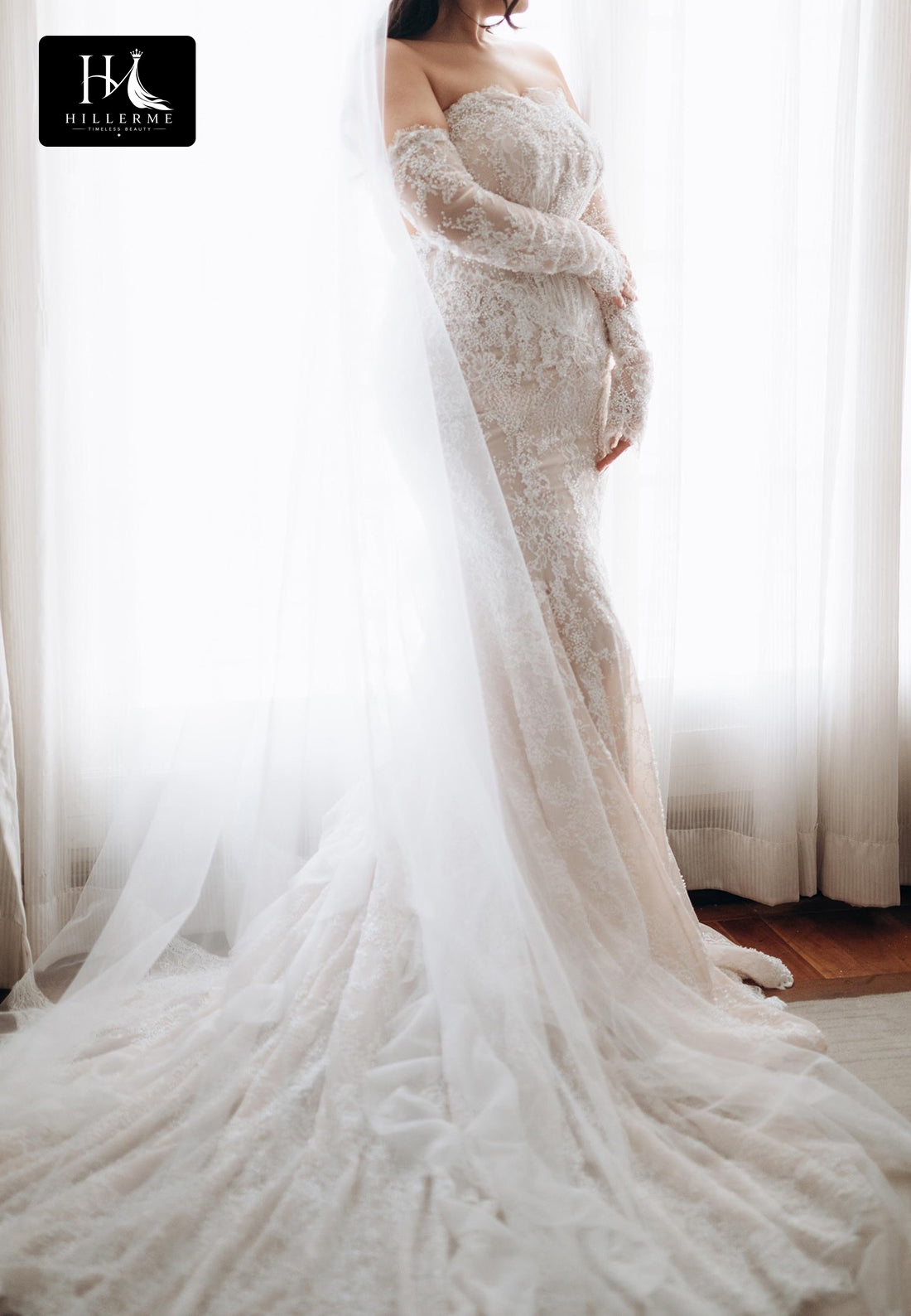 Sequined Beaded Appliqué Tulle Mermaid Wedding Dress with Tube Top and Long Sleeves