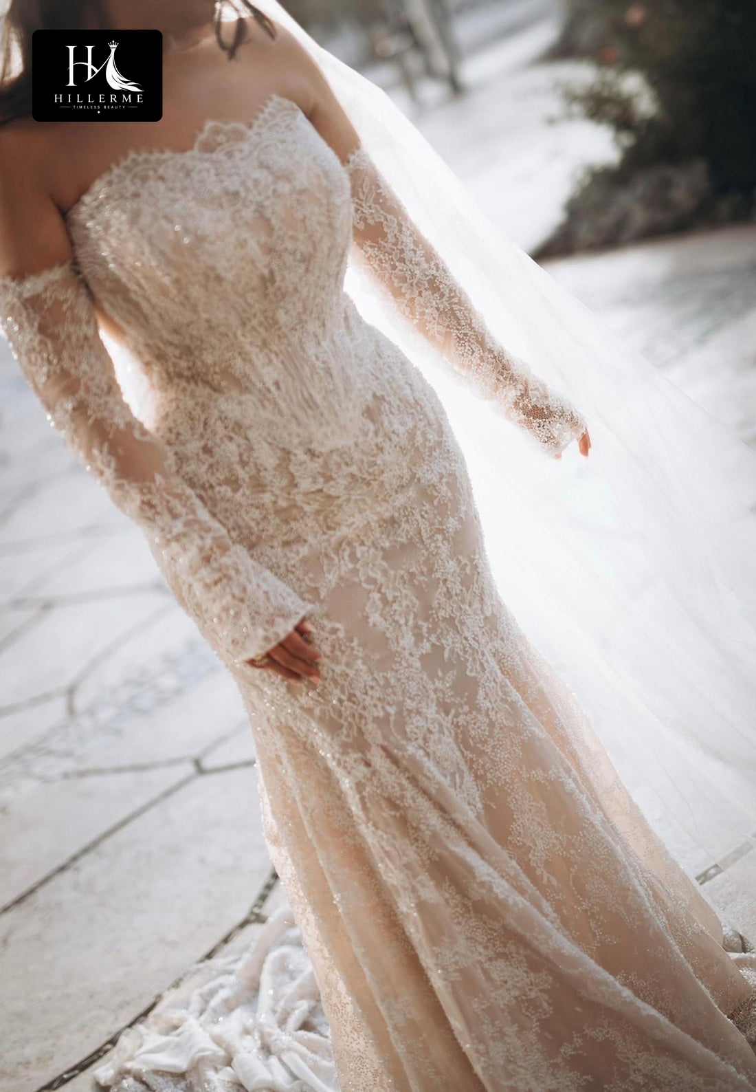 Sequined Beaded Appliqué Tulle Mermaid Wedding Dress with Tube Top and Long Sleeves