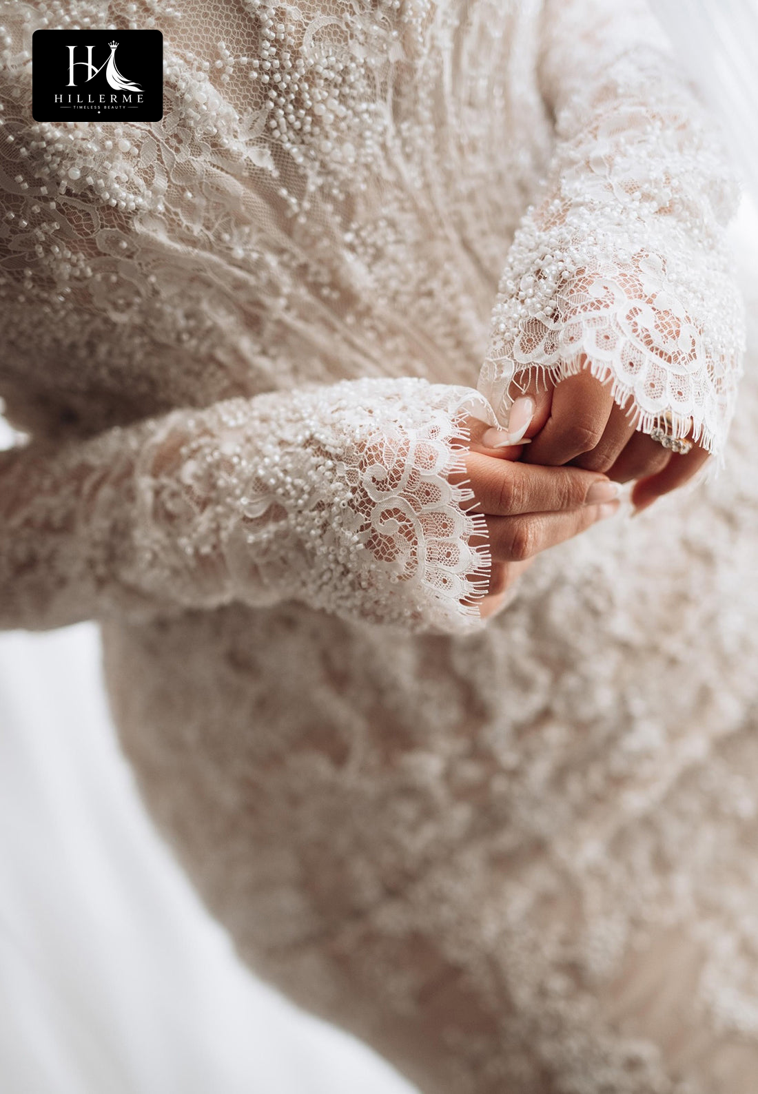 Sequined Beaded Appliqué Tulle Mermaid Wedding Dress with Tube Top and Long Sleeves