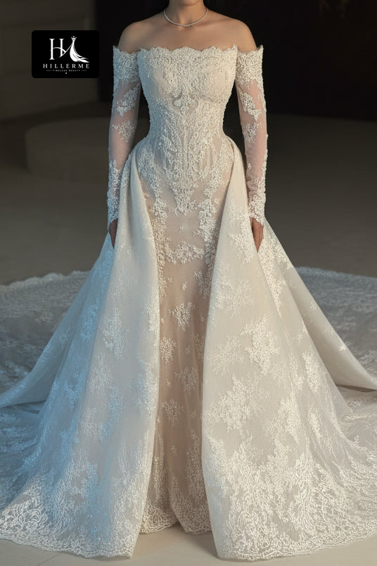 Beaded Appliqué Tulle Mermaid Wedding Dress with Bateau Neckline and Long Sleeves