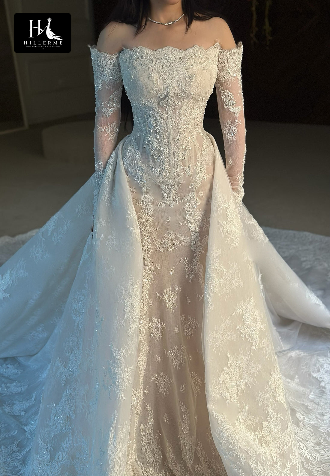 Beaded Appliqué Tulle Mermaid Wedding Dress with Bateau Neckline and Long Sleeves