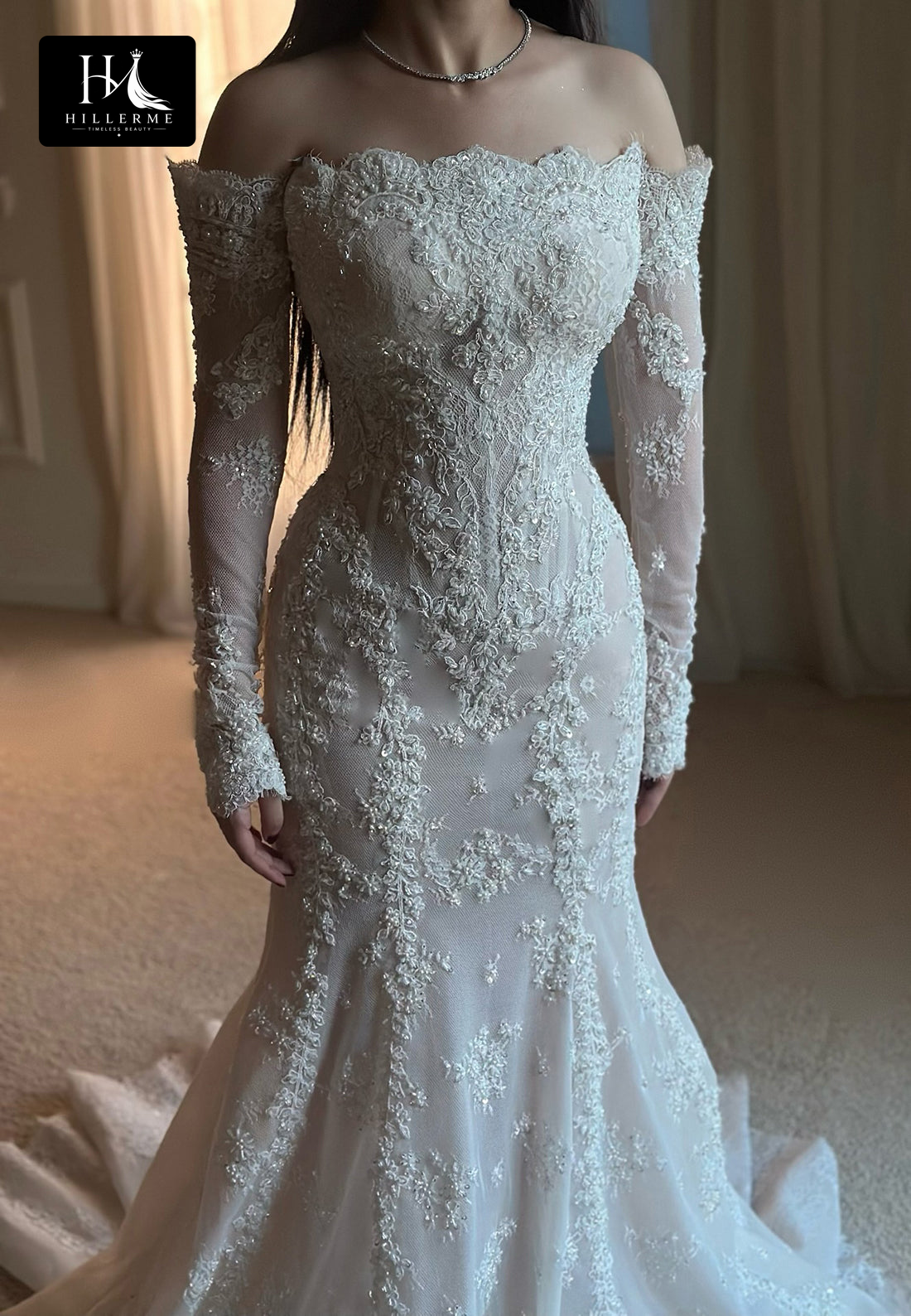 Beaded Appliqué Tulle Mermaid Wedding Dress with Bateau Neckline and Long Sleeves