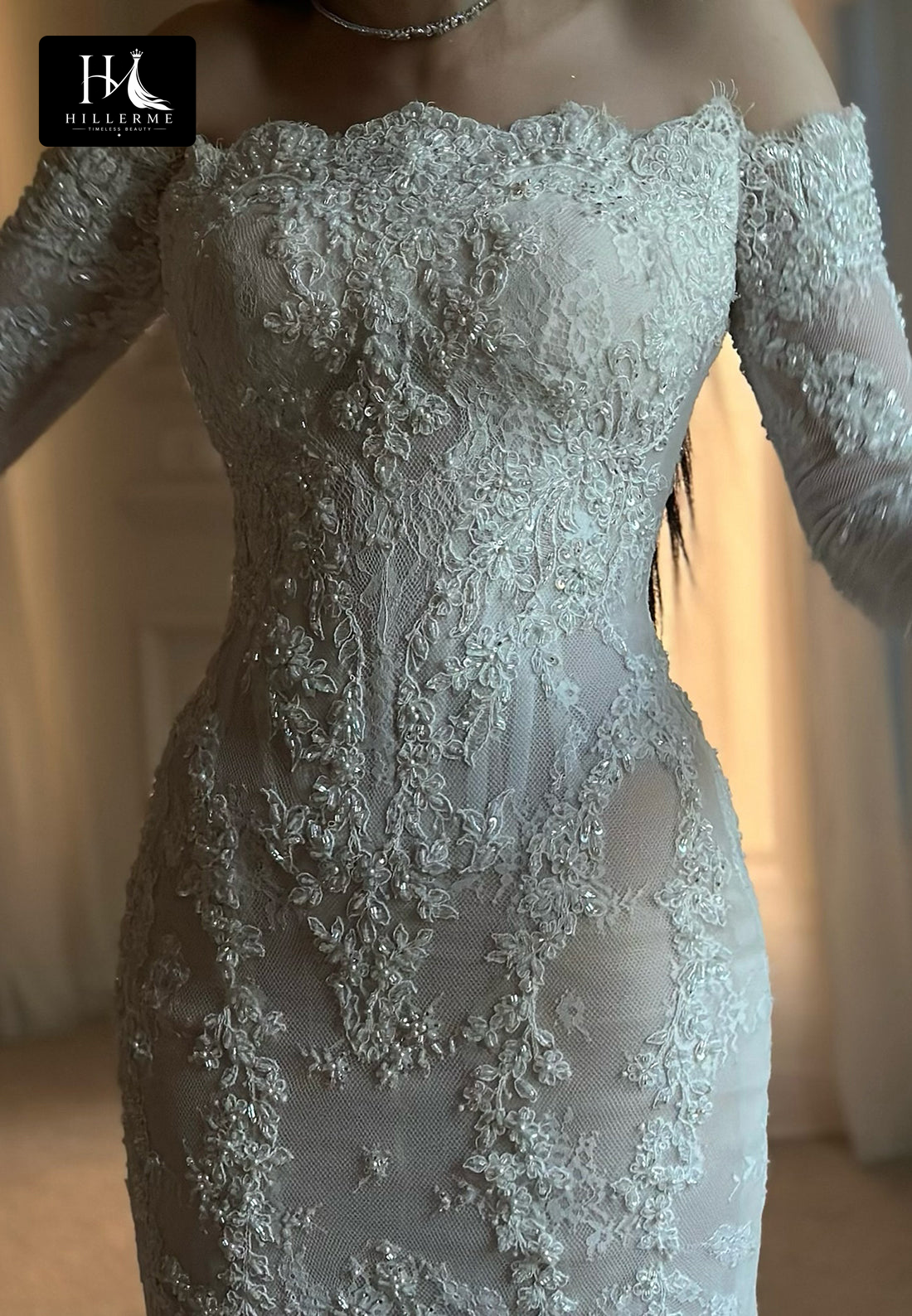 Beaded Appliqué Tulle Mermaid Wedding Dress with Bateau Neckline and Long Sleeves