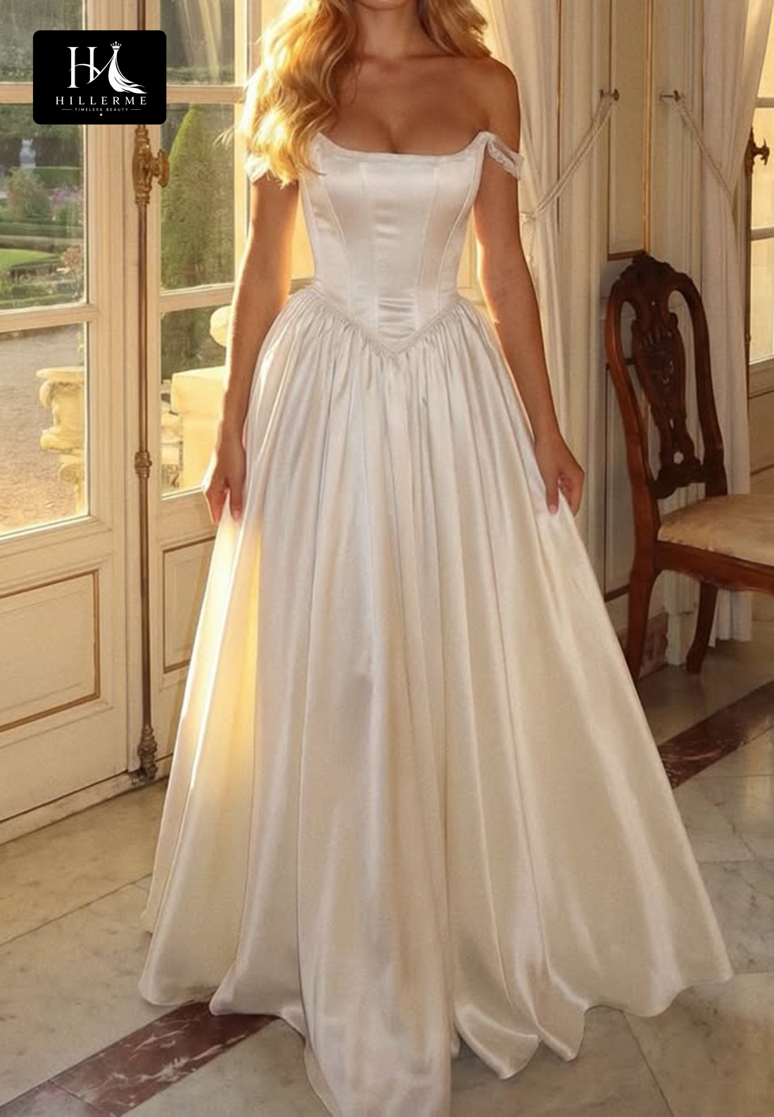 Sleeveless Off-Shoulder A-Line Floor-Length Satin Pleated Bateau-Neck Wedding Dress