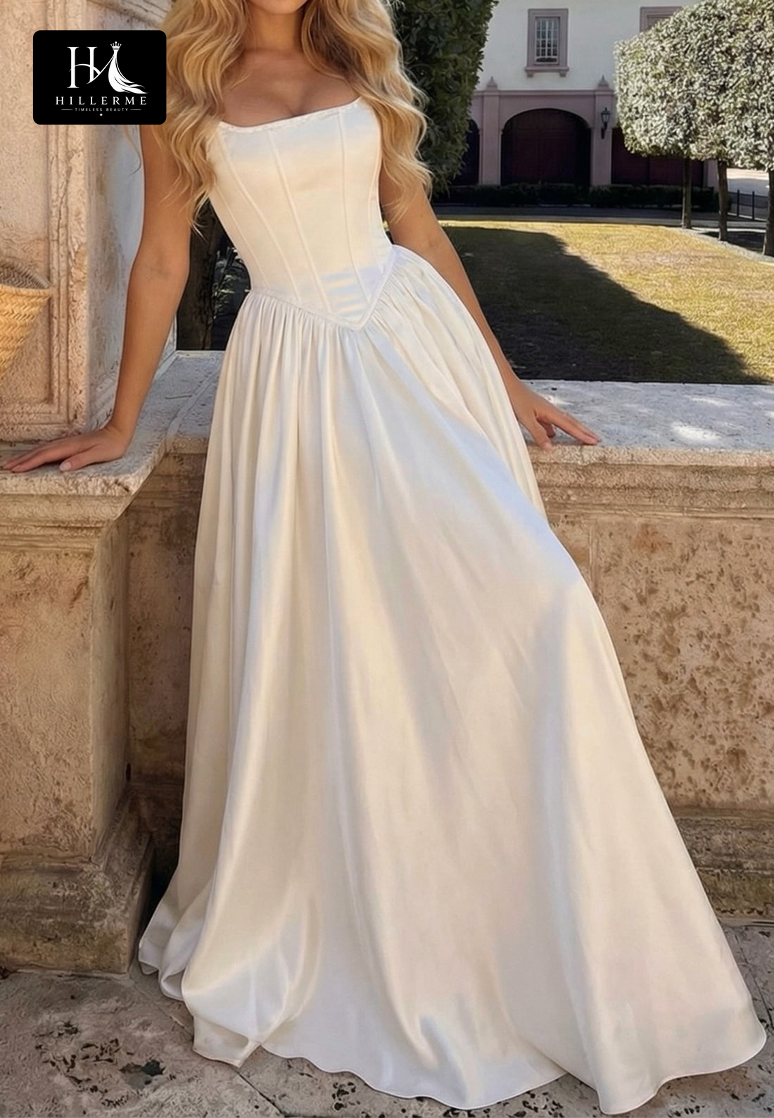 Sleeveless Off-Shoulder A-Line Floor-Length Satin Pleated Bateau-Neck Wedding Dress