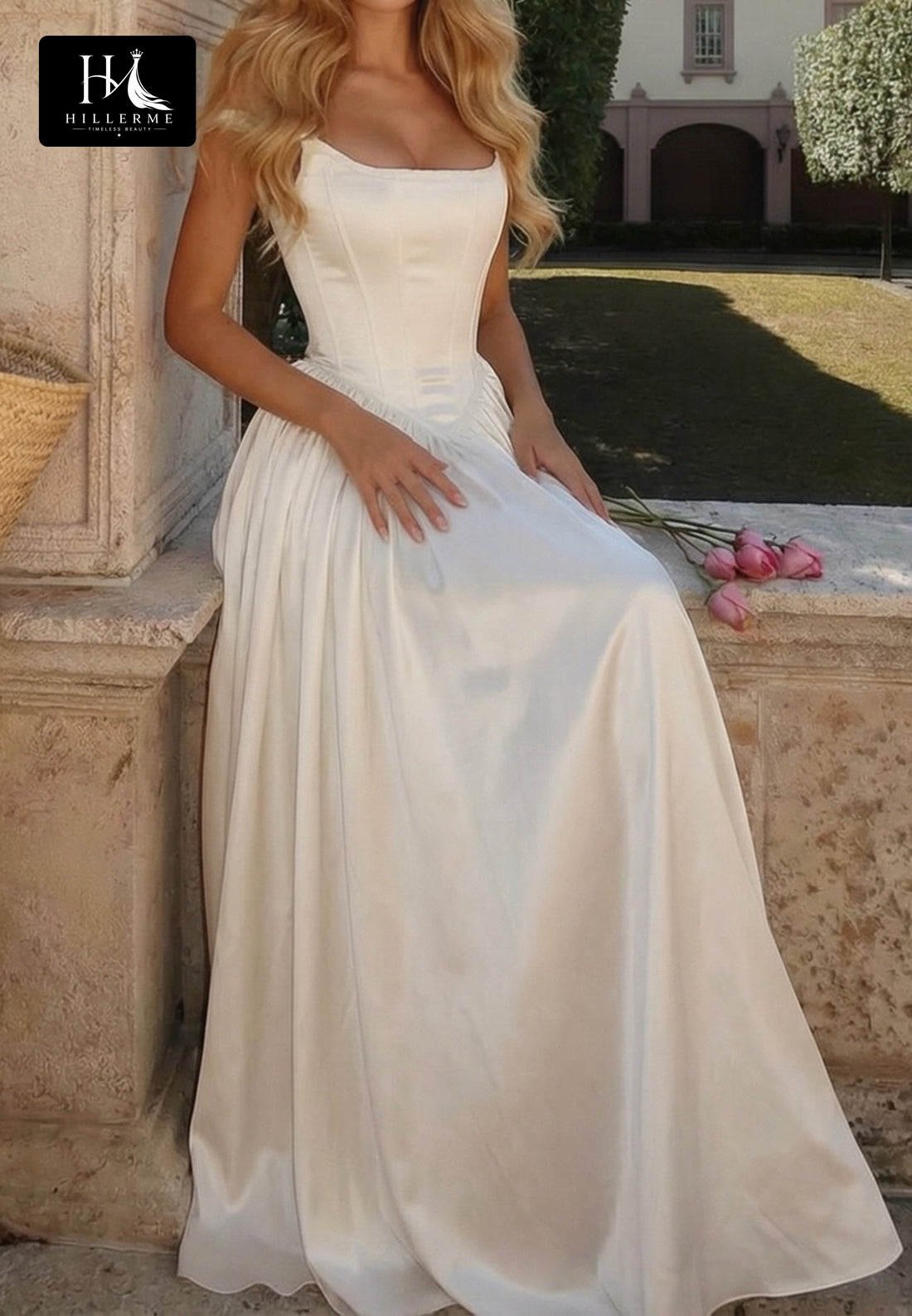 Sleeveless Off-Shoulder A-Line Floor-Length Satin Pleated Bateau-Neck Wedding Dress