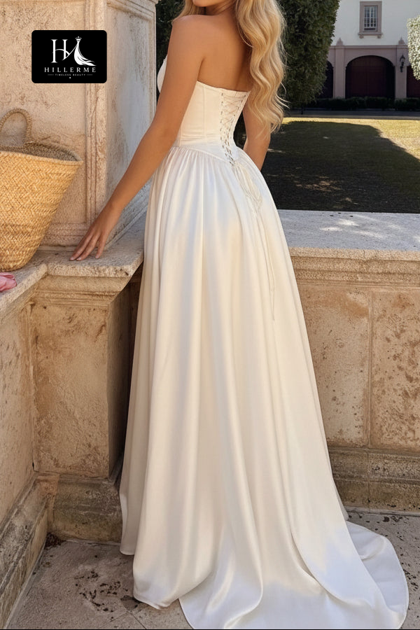 Sleeveless Off-Shoulder A-Line Floor-Length Satin Pleated Bateau-Neck Wedding Dress