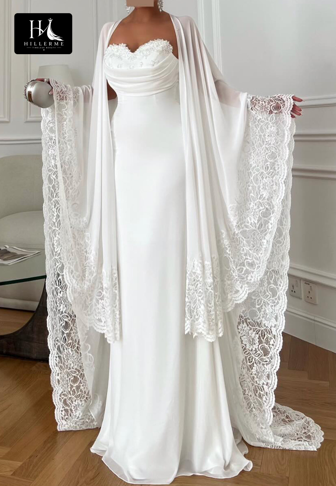 Ivory Lace-Overlay Mermaid Wedding Dress with Sequined Chiffon Fitted Bodice and Sweetheart Neckline