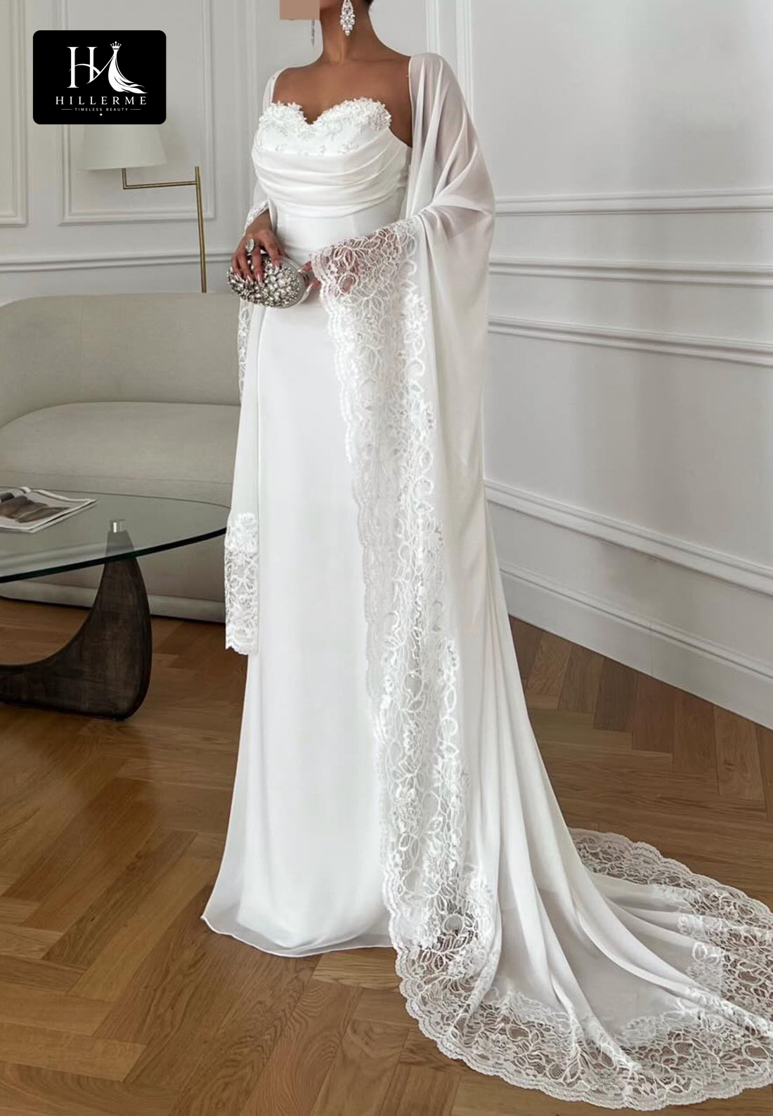 Ivory Lace-Overlay Mermaid Wedding Dress with Sequined Chiffon Fitted Bodice and Sweetheart Neckline