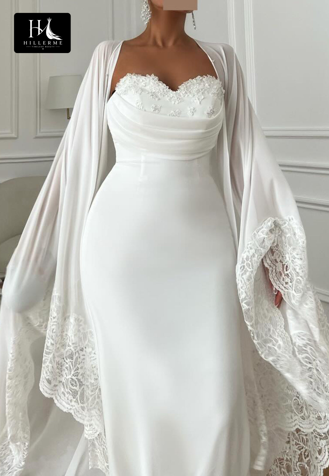 Ivory Lace-Overlay Mermaid Wedding Dress with Sequined Chiffon Fitted Bodice and Sweetheart Neckline