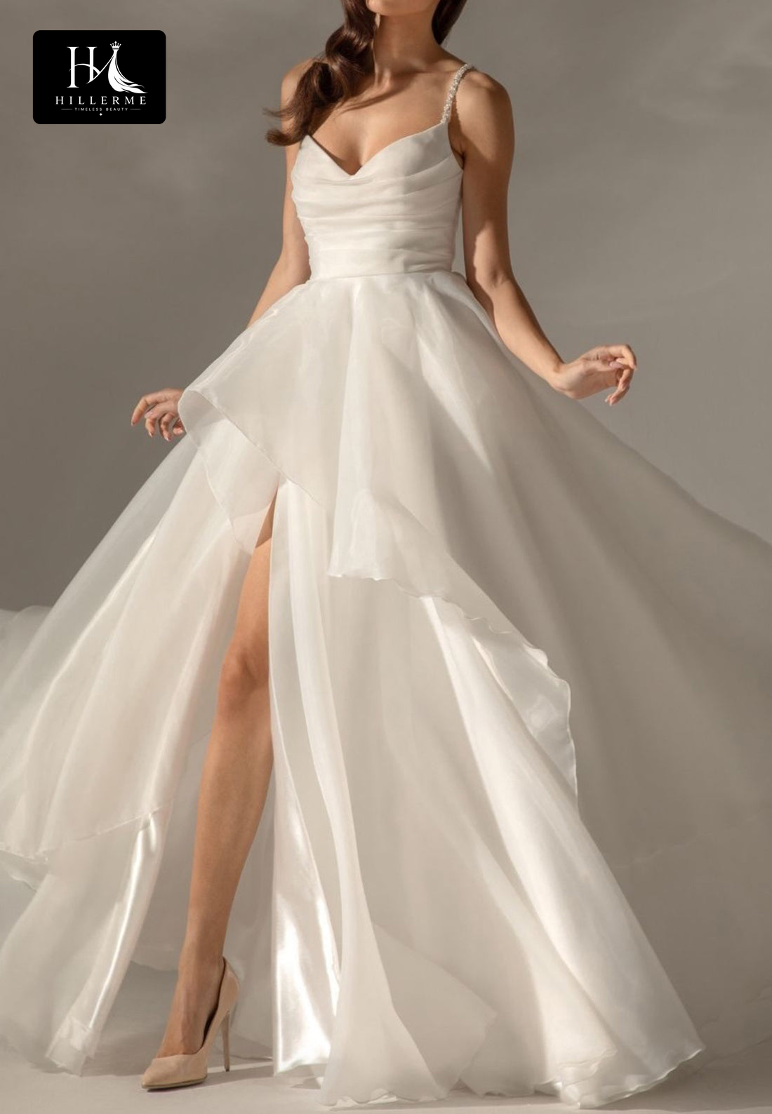 V-Neck Spaghetti Strap Beaded Chiffon Tiered Pleated A-Line Wedding Dress with High Slit