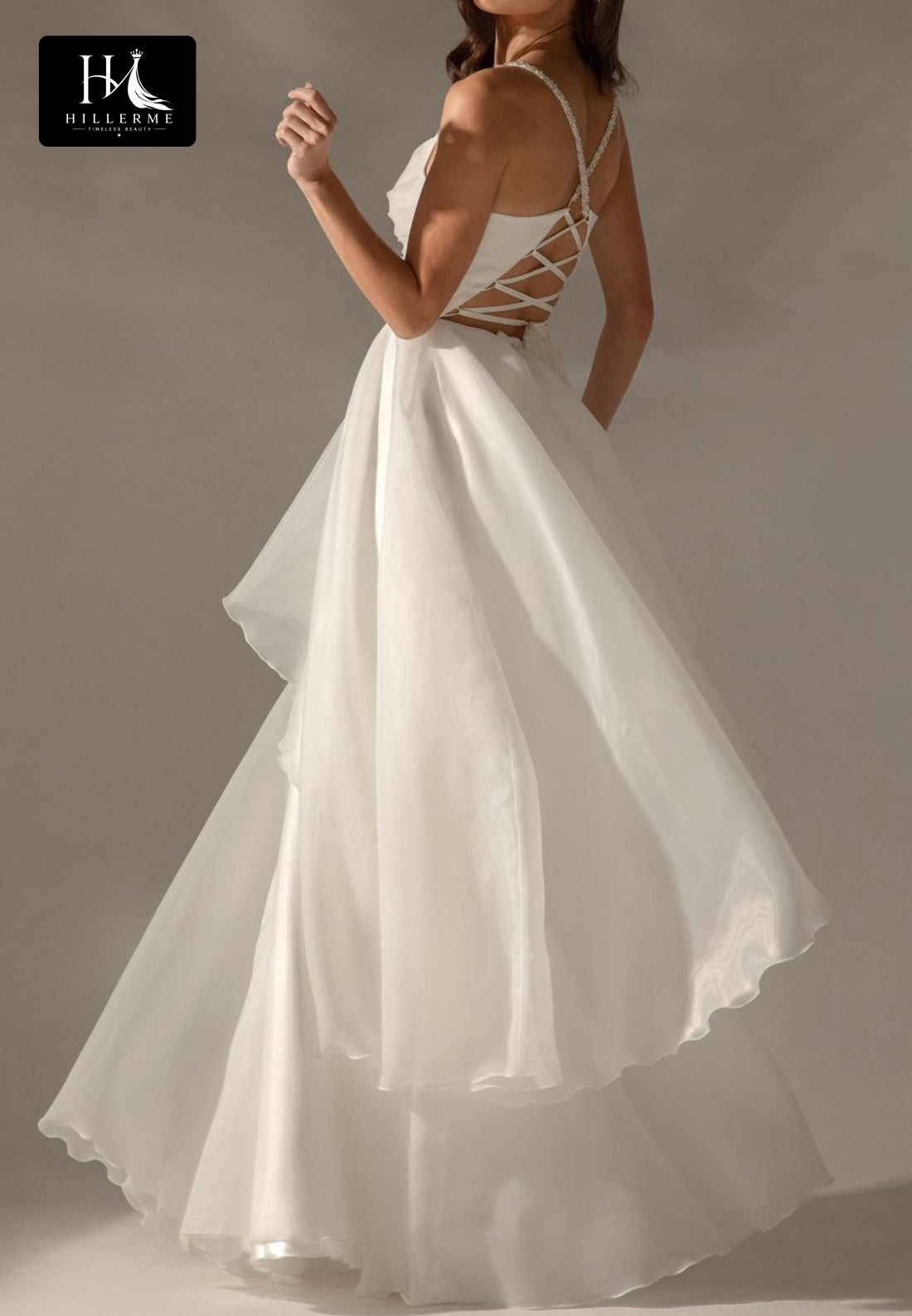 V-Neck Spaghetti Strap Beaded Chiffon Tiered Pleated A-Line Wedding Dress with High Slit