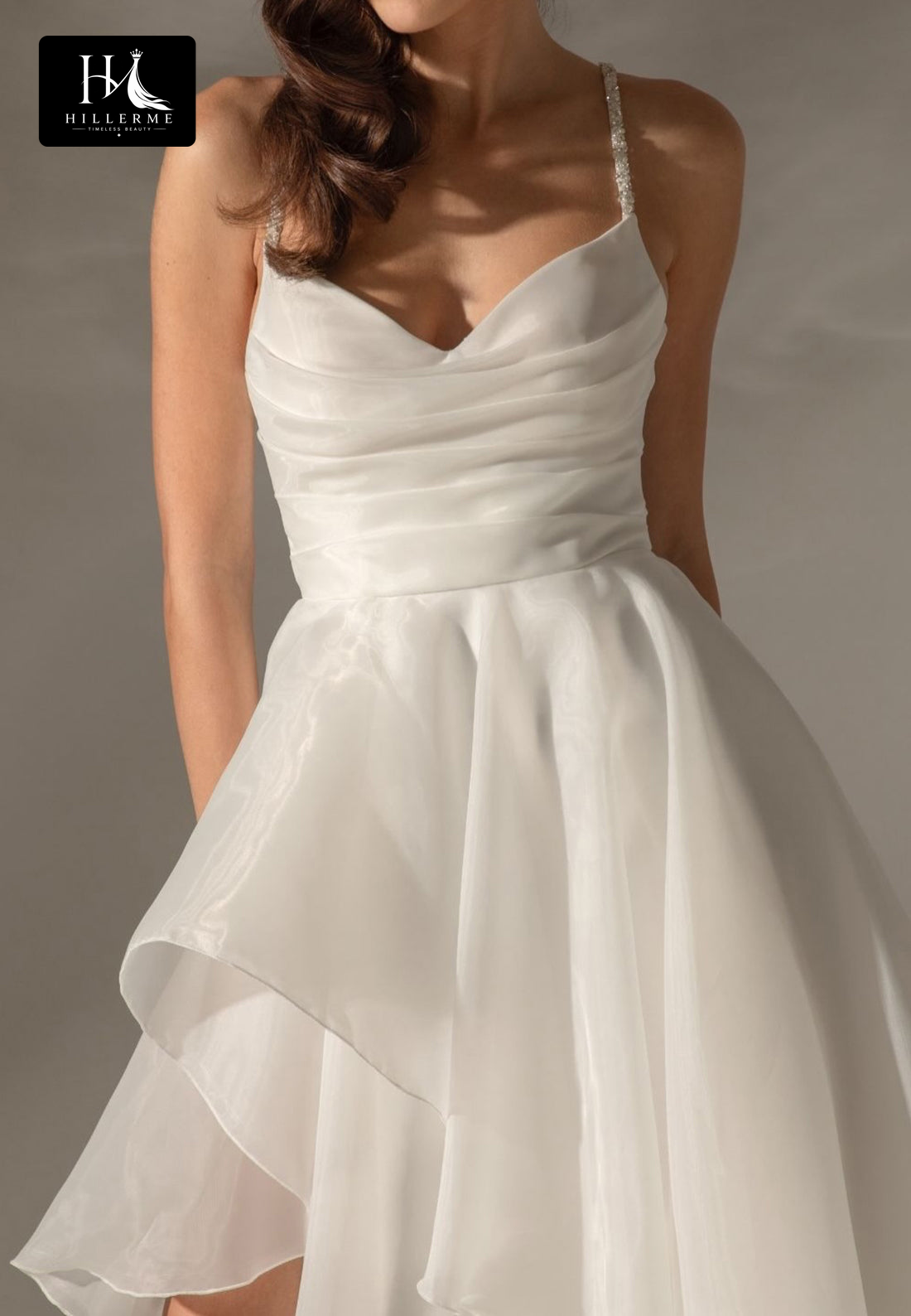 V-Neck Spaghetti Strap Beaded Chiffon Tiered Pleated A-Line Wedding Dress with High Slit