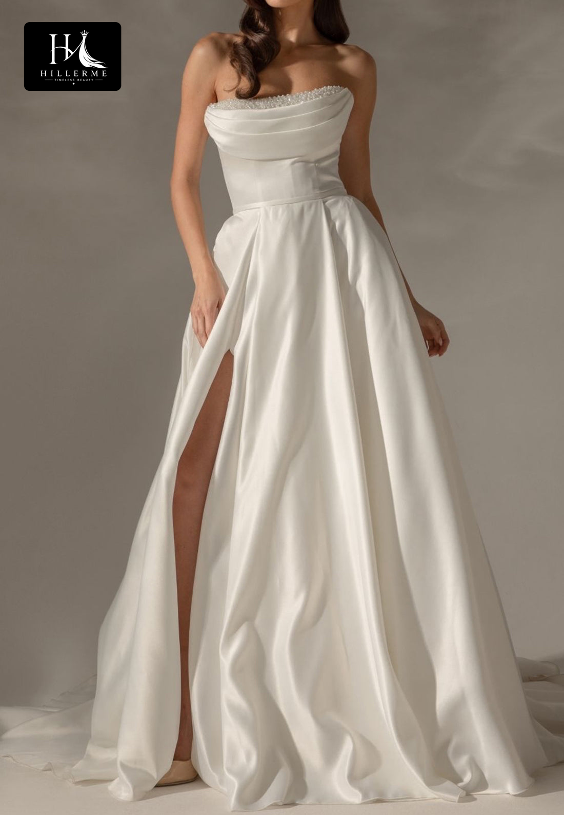 Sleek Beaded Tube Top Chiffon A-Line Wedding Dress with Pleated Details and Sweep Train