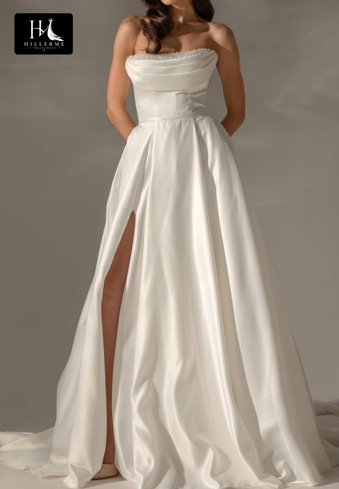 Sleek Beaded Tube Top Chiffon A-Line Wedding Dress with Pleated Details and Sweep Train