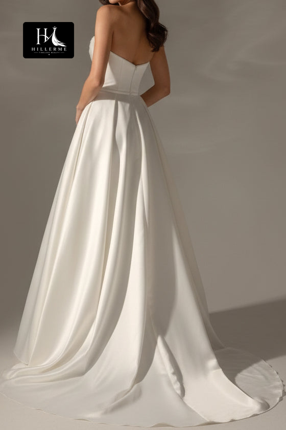 Sleek Beaded Tube Top Chiffon A-Line Wedding Dress with Pleated Details and Sweep Train