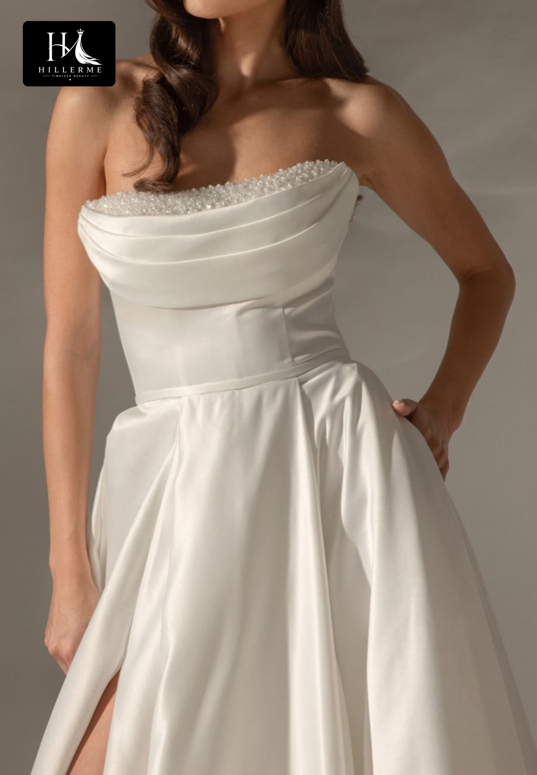 Sleek Beaded Tube Top Chiffon A-Line Wedding Dress with Pleated Details and Sweep Train