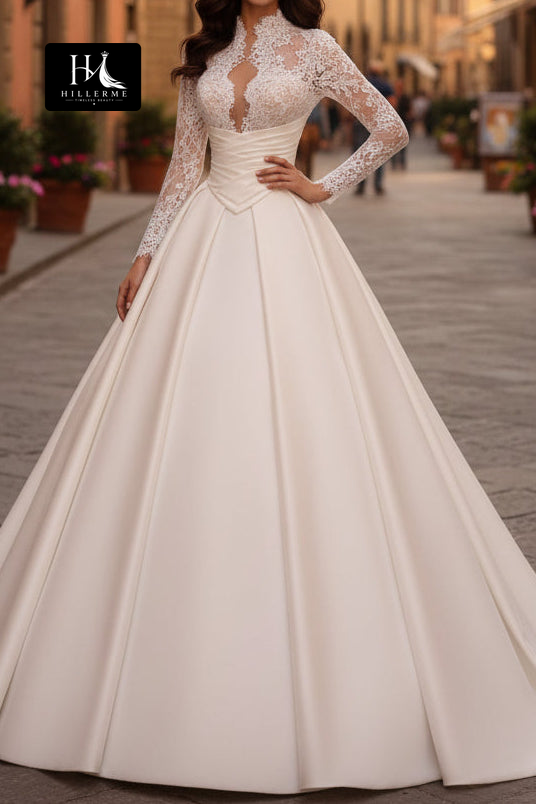 Illusion Plunge Long-Sleeve Lace & Satin A-Line Wedding Dress with Sheer Pleats