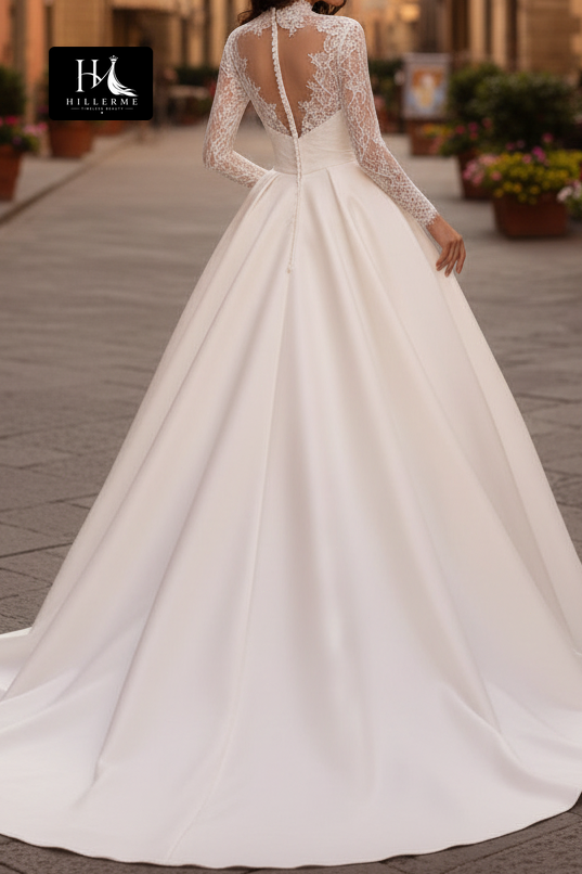 Illusion Plunge Long-Sleeve Lace & Satin A-Line Wedding Dress with Sheer Pleats