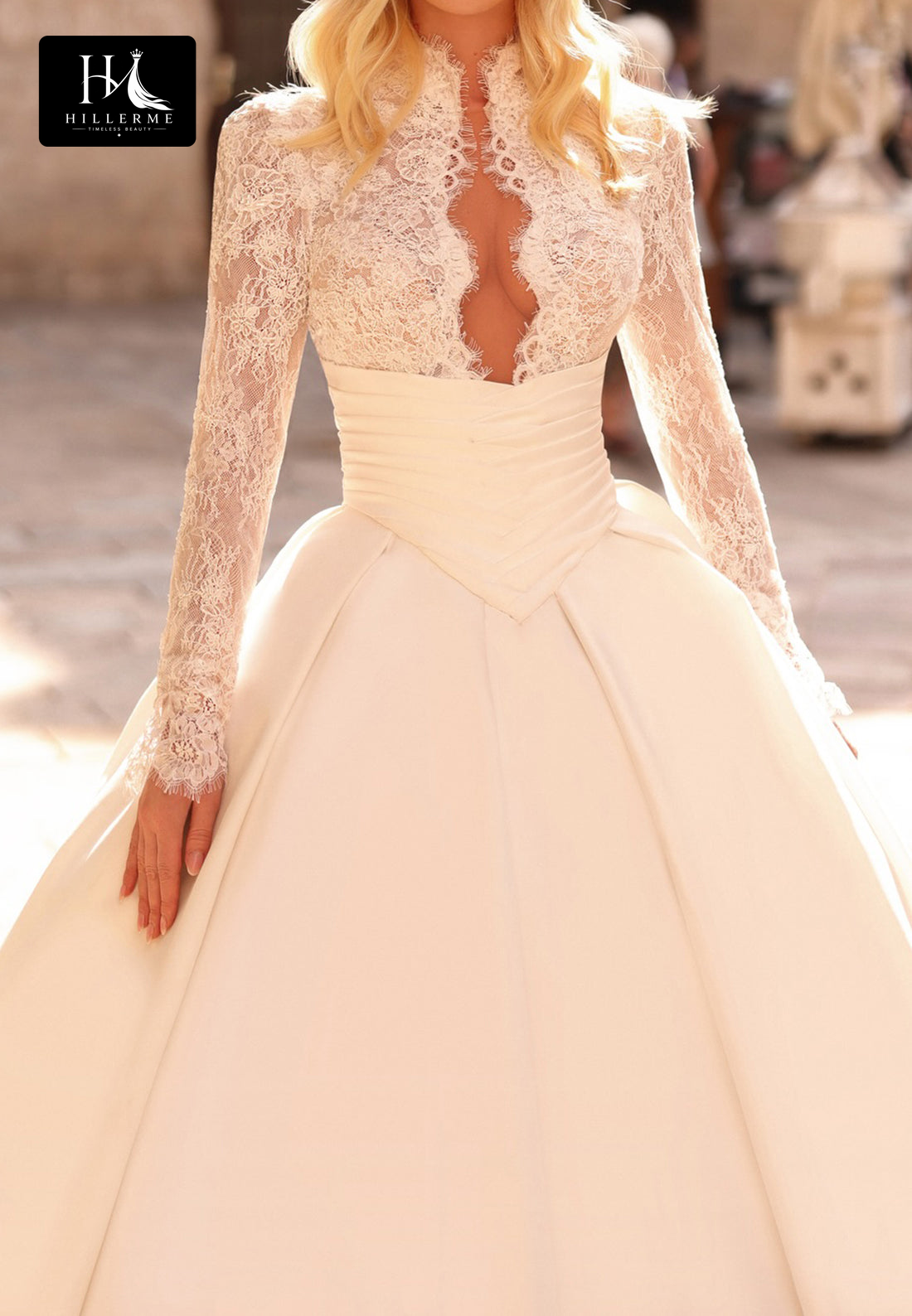 Illusion Plunge Long-Sleeve Lace & Satin A-Line Wedding Dress with Sheer Pleats