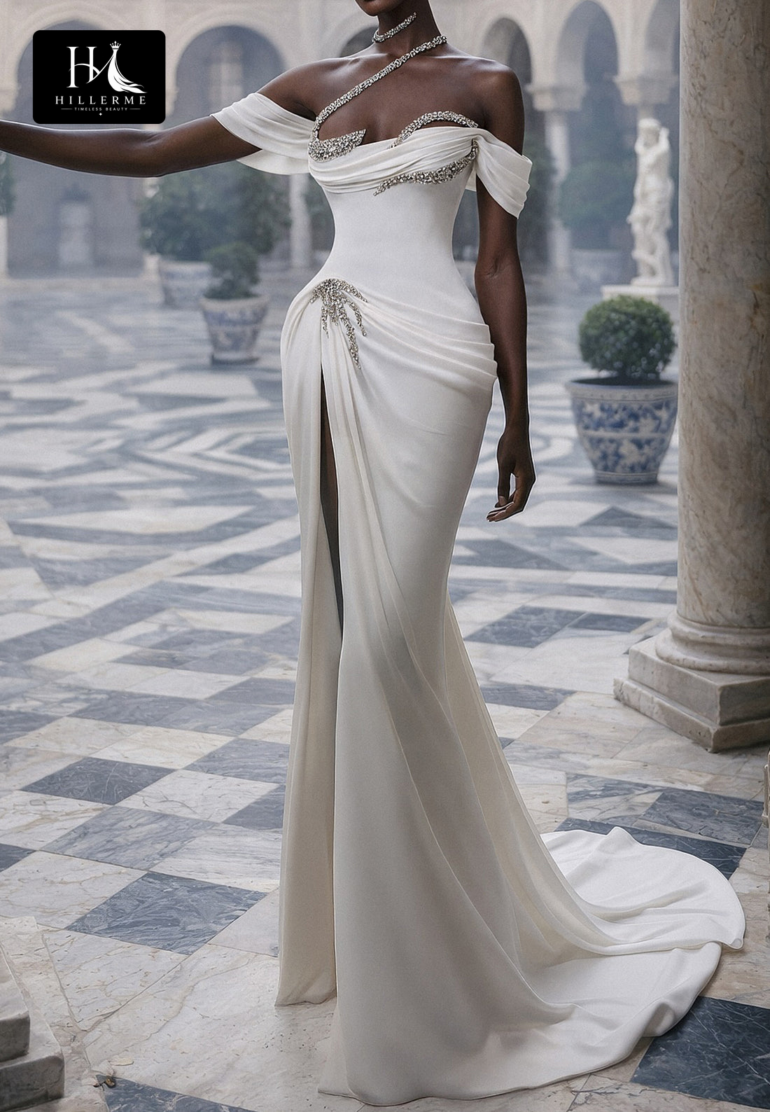 Sleek Asymmetrical-Neck Satin Beaded A-Line Wedding Dress with High Slit and Sweep Train