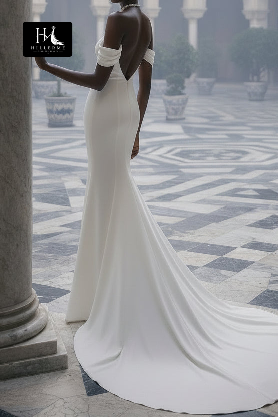 Sleek Asymmetrical-Neck Satin Beaded A-Line Wedding Dress with High Slit and Sweep Train
