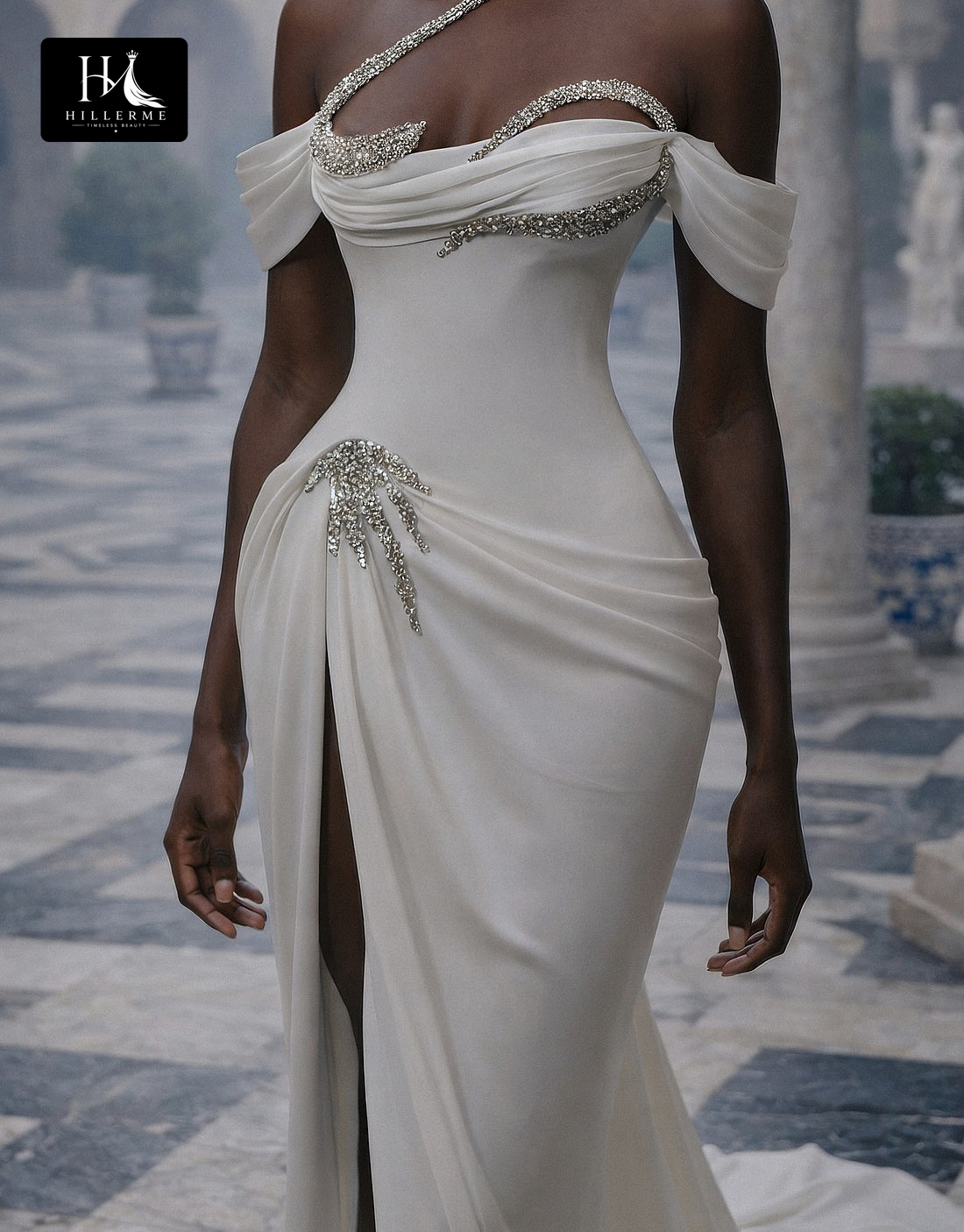 Sleek Asymmetrical-Neck Satin Beaded A-Line Wedding Dress with High Slit and Sweep Train