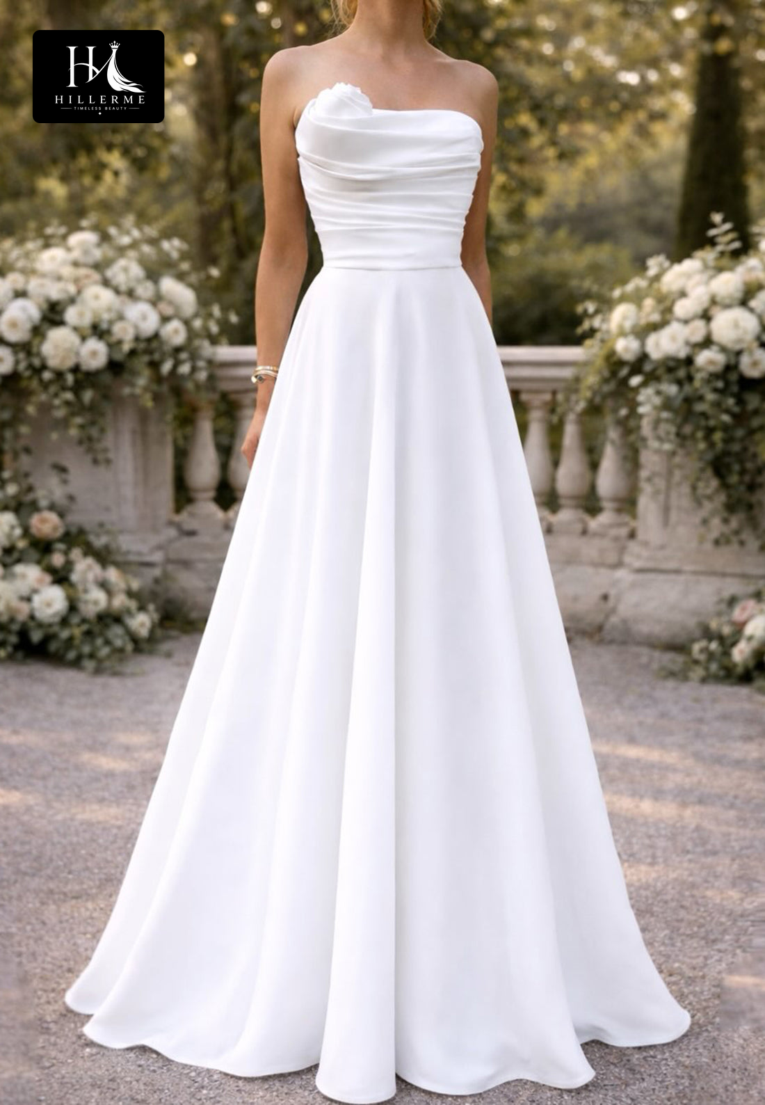 Sleeveless Off-Shoulder A-Line Wedding Dress with 3D Floral Satin and Sweep Train