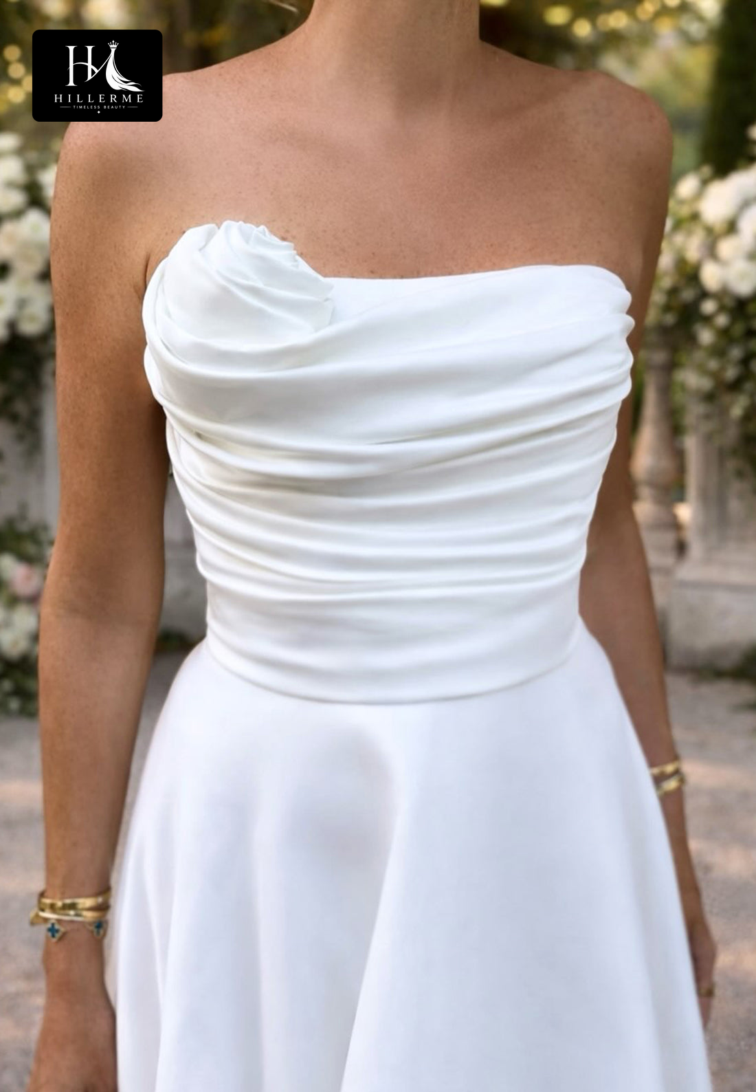 Sleeveless Off-Shoulder A-Line Wedding Dress with 3D Floral Satin and Sweep Train