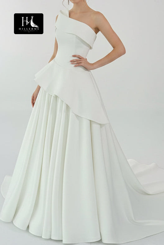 Sleeveless A-Line Satin Wedding Dress with Asymmetrical Off-Shoulder Neckline and Train