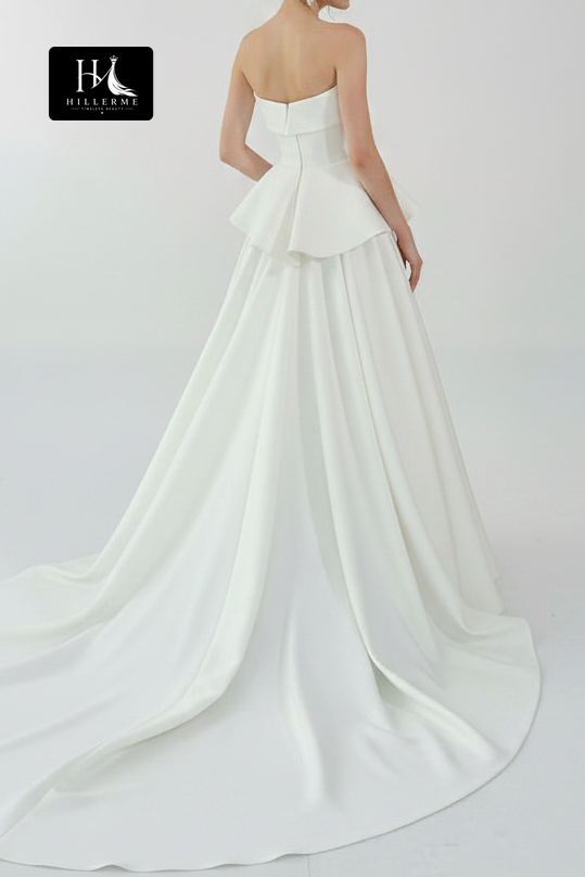 Sleeveless A-Line Satin Wedding Dress with Asymmetrical Off-Shoulder Neckline and Train