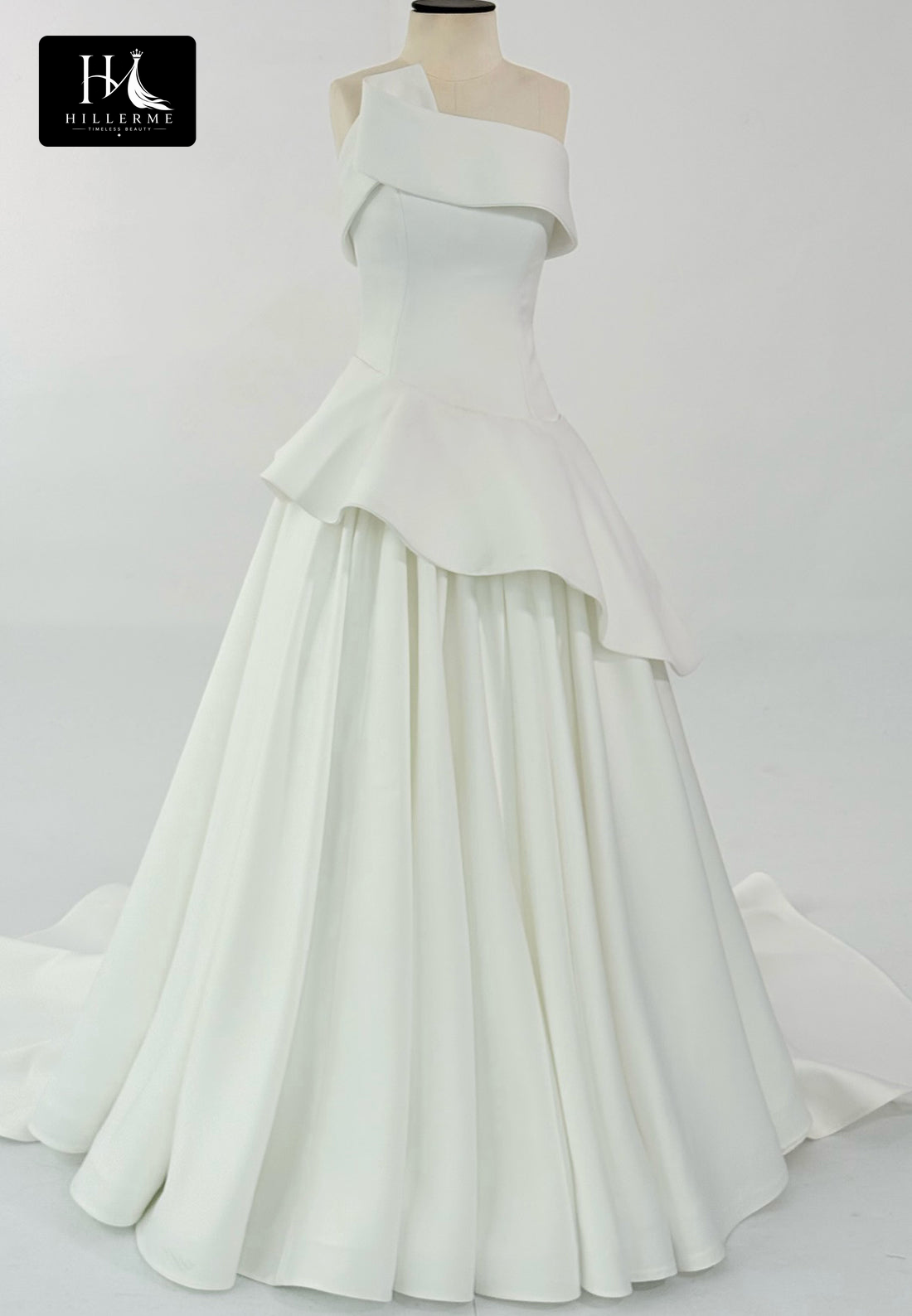 Sleeveless A-Line Satin Wedding Dress with Asymmetrical Off-Shoulder Neckline and Train