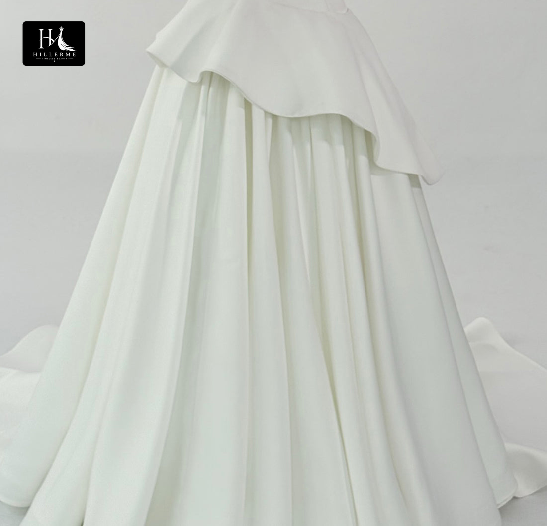Sleeveless A-Line Satin Wedding Dress with Asymmetrical Off-Shoulder Neckline and Train