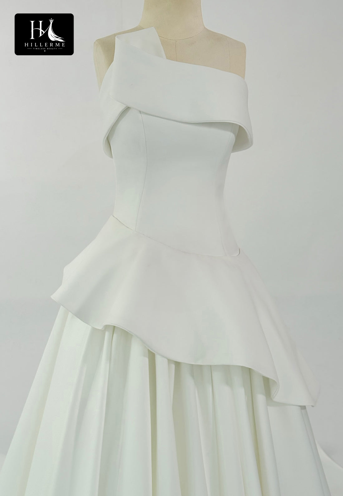 Sleeveless A-Line Satin Wedding Dress with Asymmetrical Off-Shoulder Neckline and Train