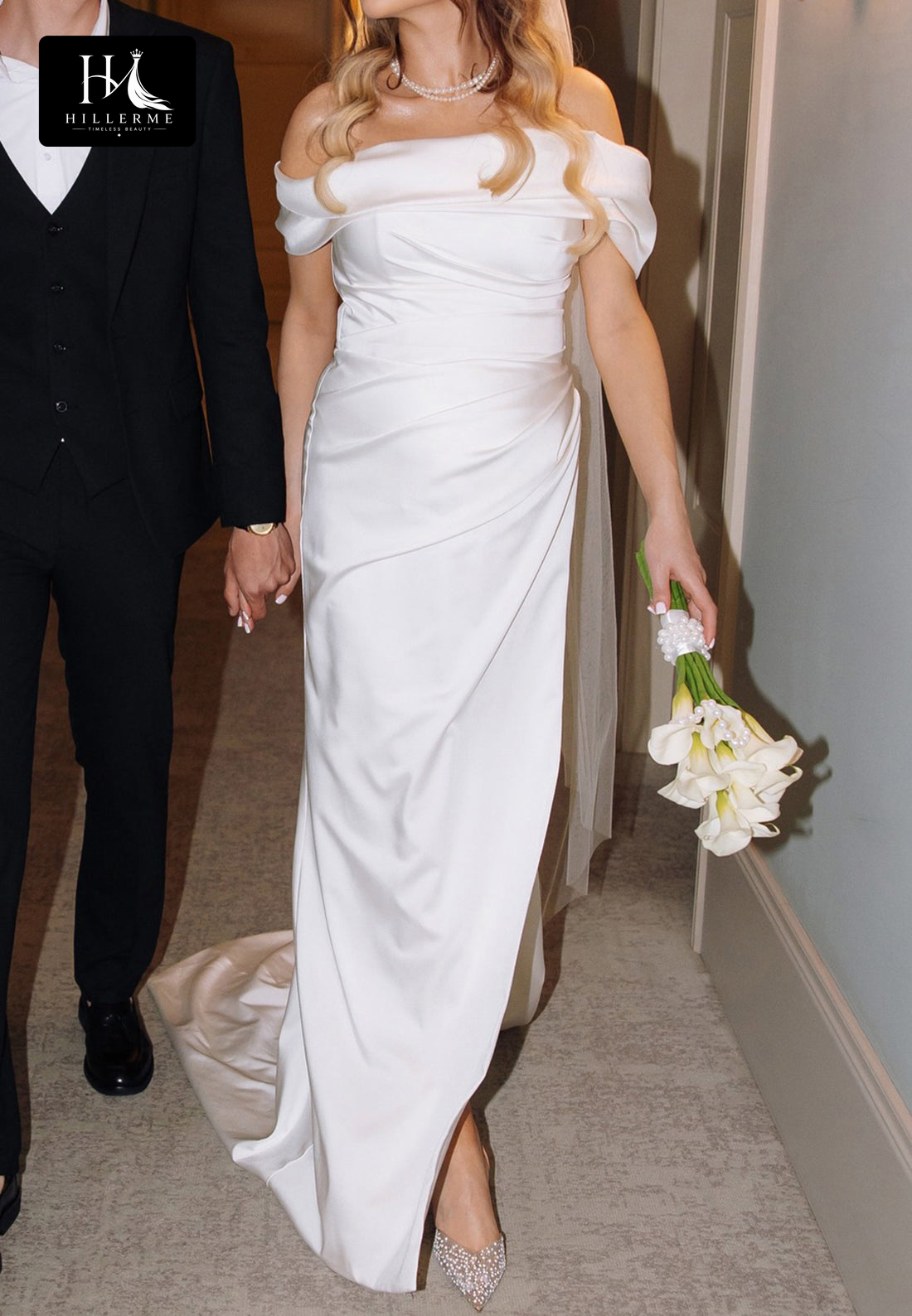 Sleeveless Mermaid Wedding Dress with Bateau Neckline, Satin Pleats, High Slit and Sweep Train