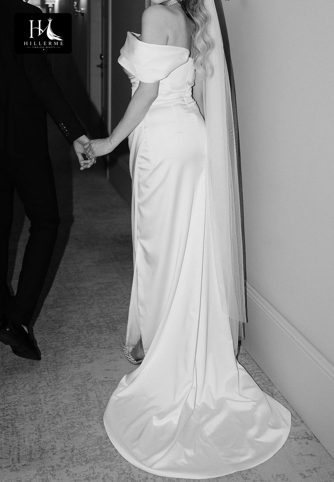 Sleeveless Mermaid Wedding Dress with Bateau Neckline, Satin Pleats, High Slit and Sweep Train